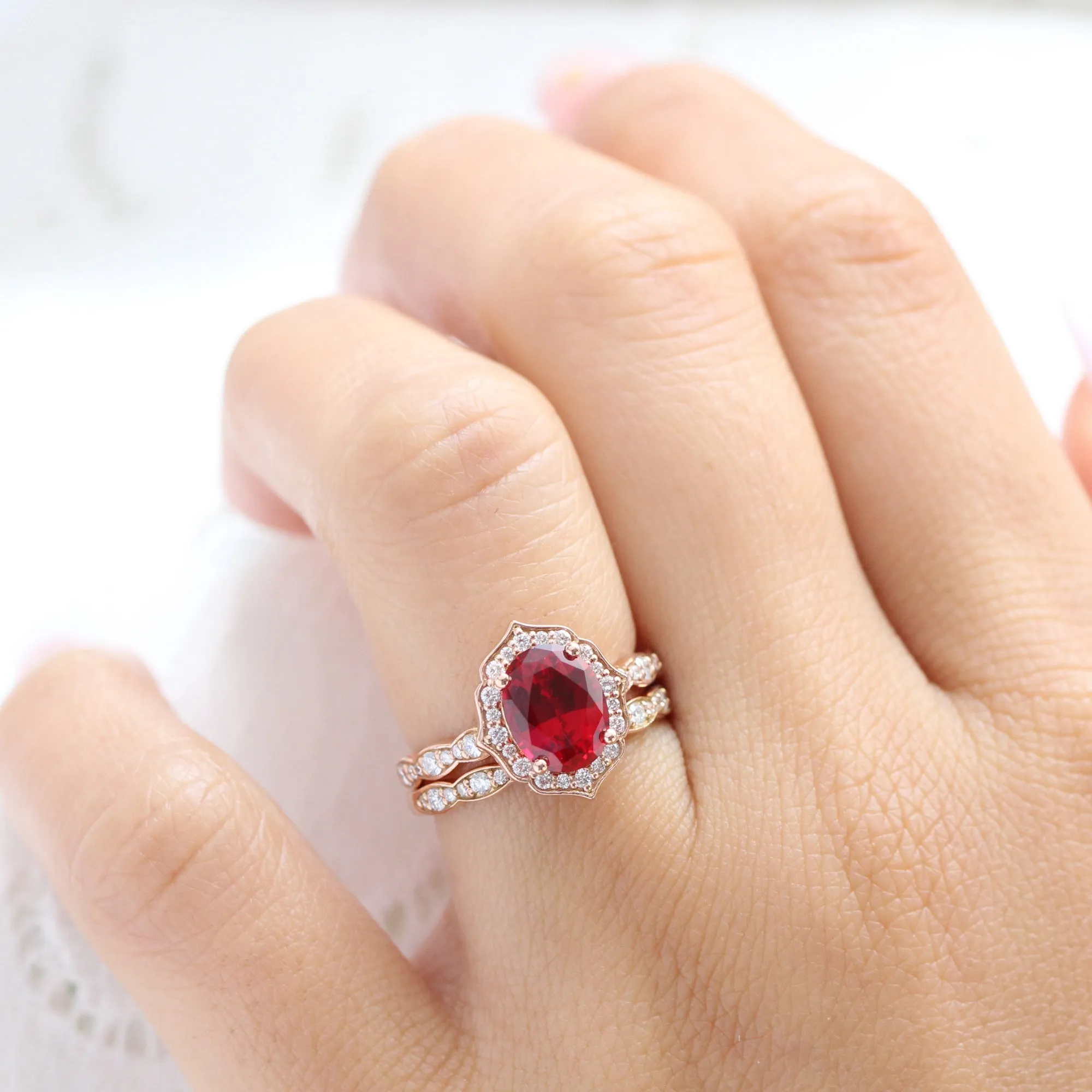 Large Oval Ruby Diamond Ring in Vintage Floral Scalloped Band