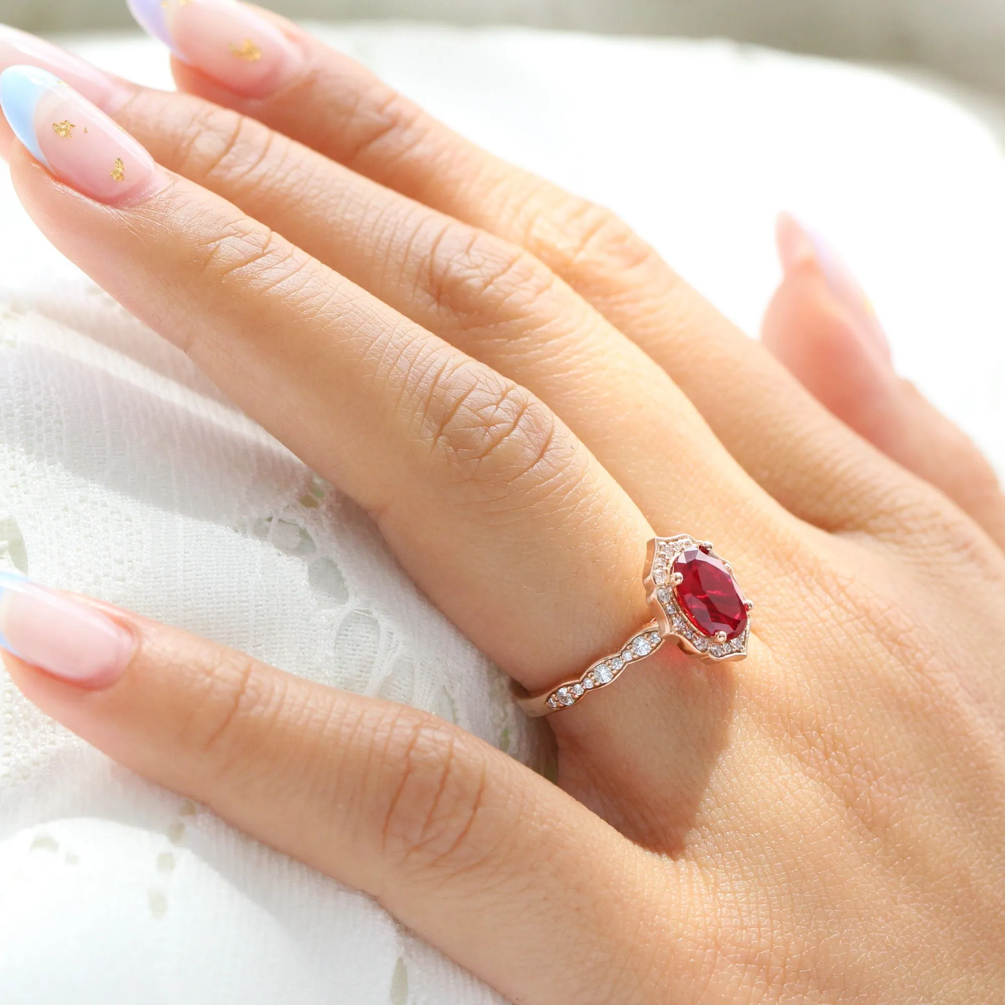 Large Oval Ruby Diamond Ring in Vintage Floral Scalloped Band