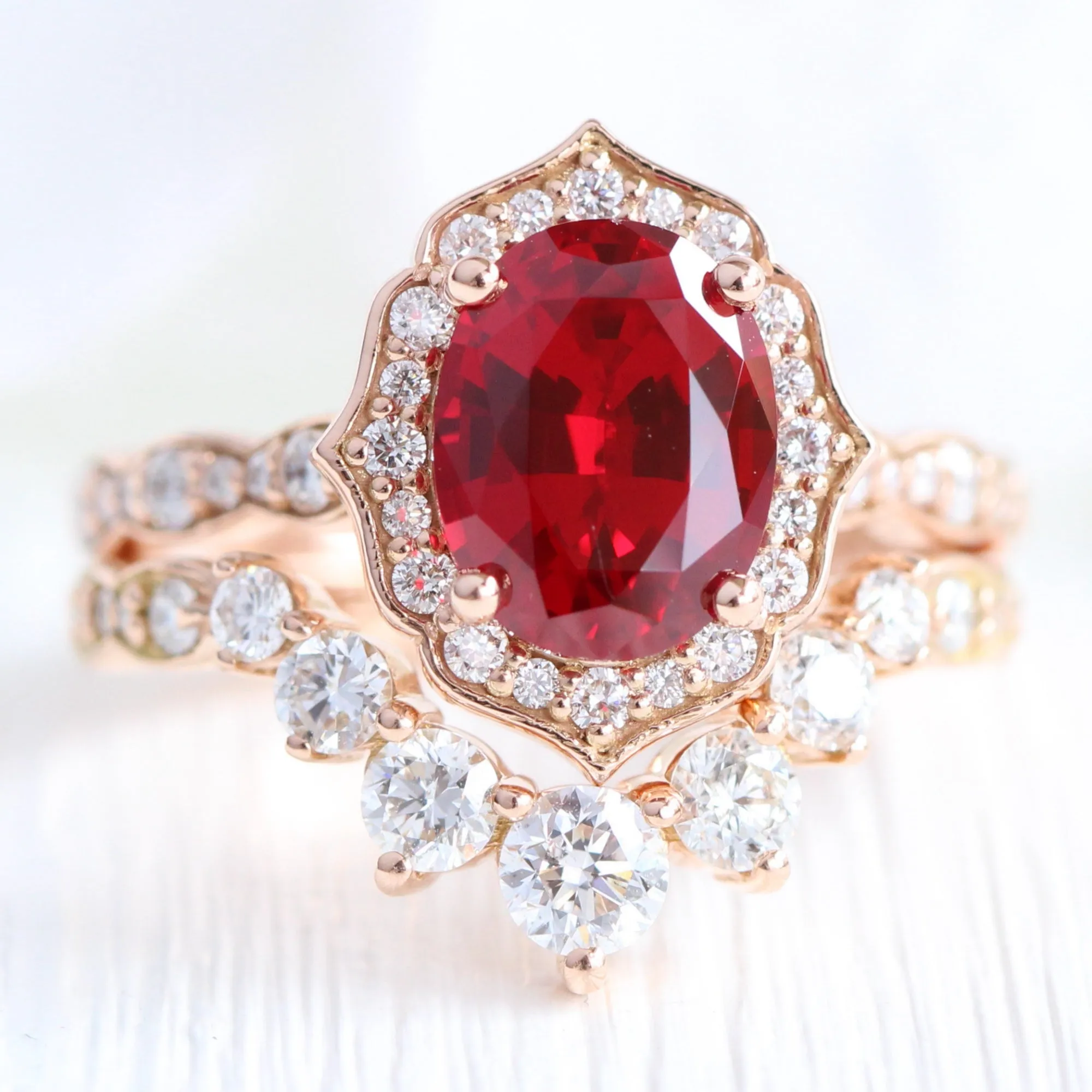 Large Oval Ruby Diamond Ring in Vintage Floral Scalloped Band