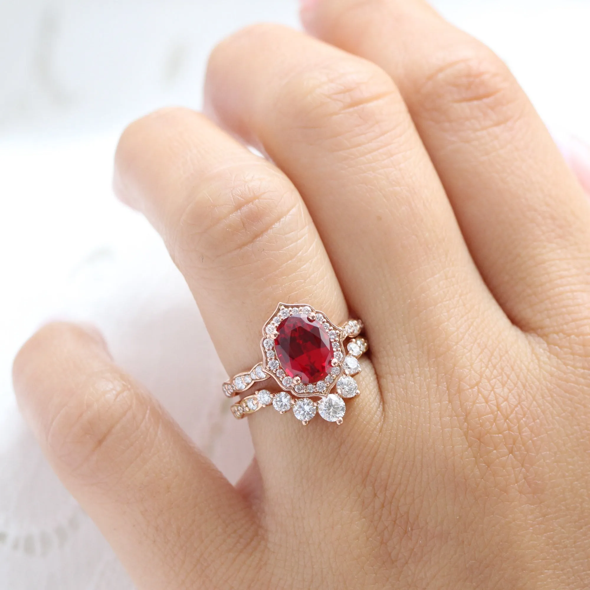 Large Oval Ruby Diamond Ring in Vintage Floral Scalloped Band