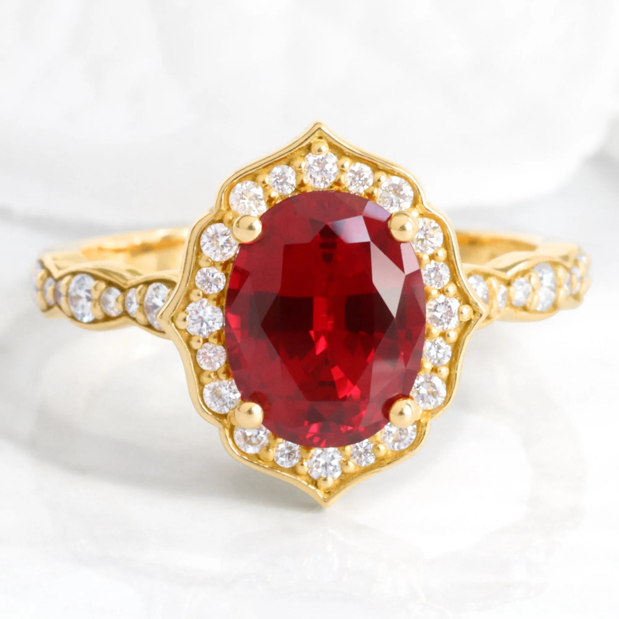 Large Oval Ruby Diamond Ring in Vintage Floral Scalloped Band