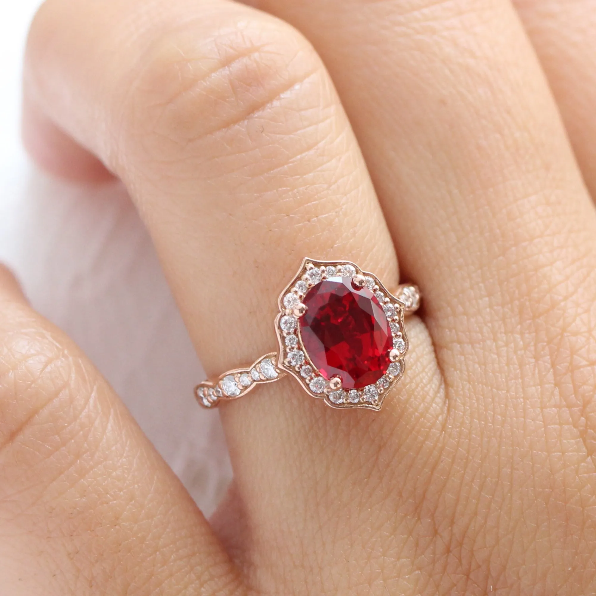 Large Oval Ruby Diamond Ring in Vintage Floral Scalloped Band