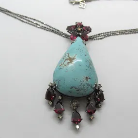 Large Turquoise Garnet and Diamonds Necklace