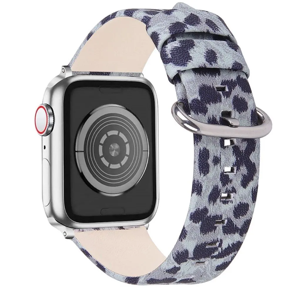 Leopard pattern cowhide genuine leather watch strap for Apple Watch (45mm) - Grey / Black Leopard