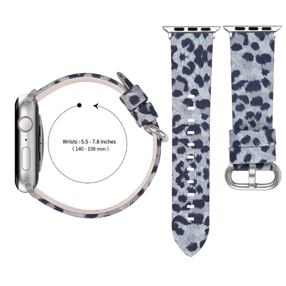 Leopard pattern cowhide genuine leather watch strap for Apple Watch (45mm) - Grey / Black Leopard