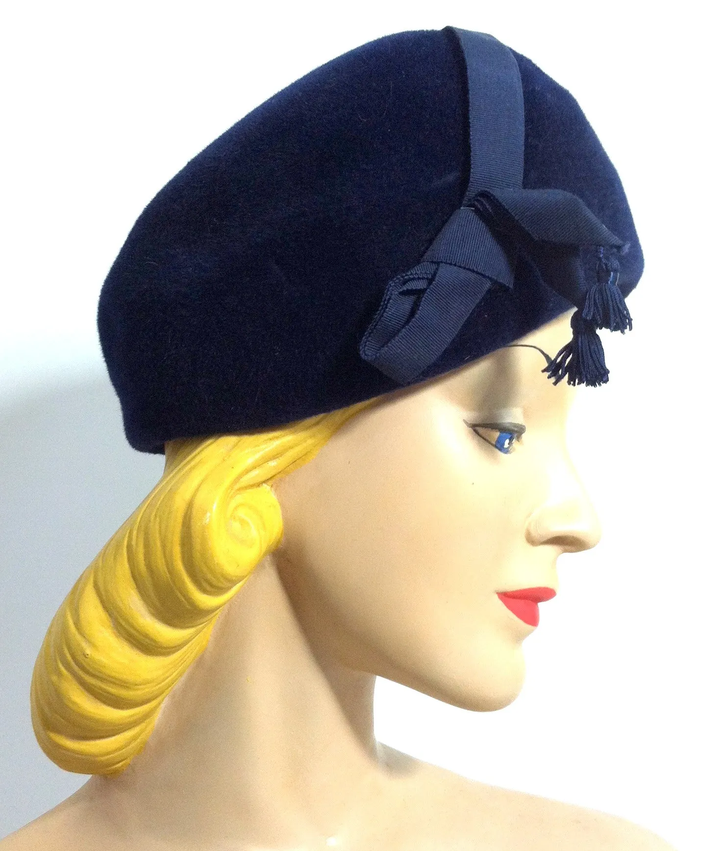 L'Heure Bleue Rounded Velvet Hat with Ribbon and Tassel circa 1960s