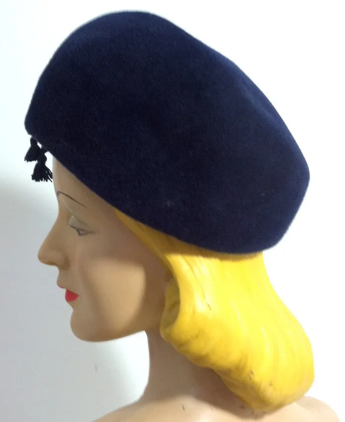 L'Heure Bleue Rounded Velvet Hat with Ribbon and Tassel circa 1960s