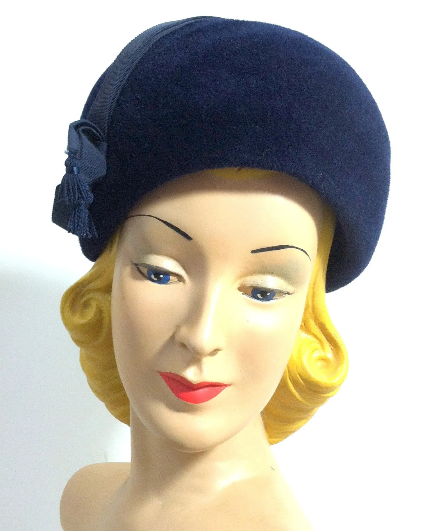 L'Heure Bleue Rounded Velvet Hat with Ribbon and Tassel circa 1960s