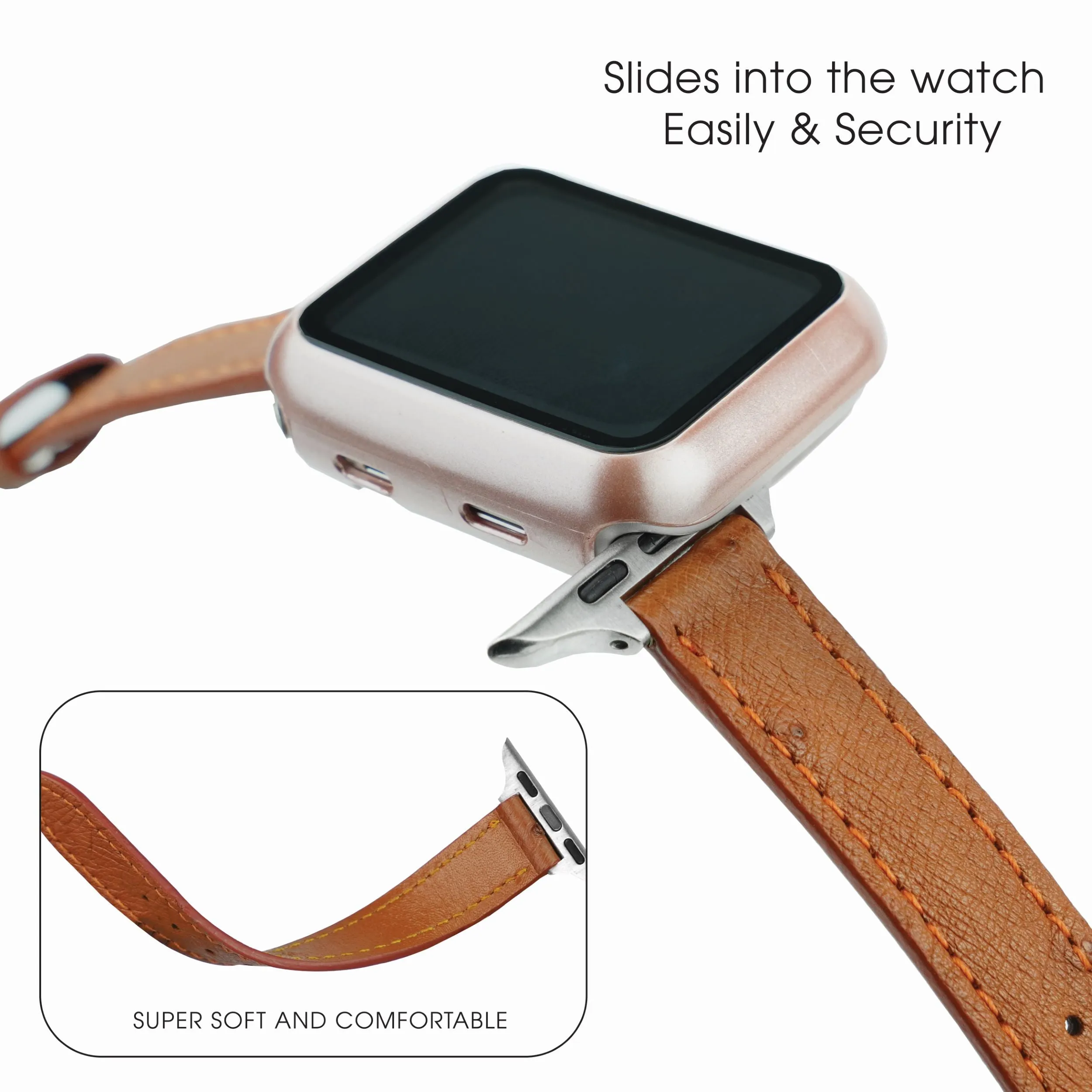 Light Brown Flat Ostrich Leather Band Compatible Apple Watch Iwatch 44mm Screen Protector Case Silver Adapter Replacement Strap For Smartwatch Series 4 5 6 SE Leather Handmade AW-186S-W-44MM