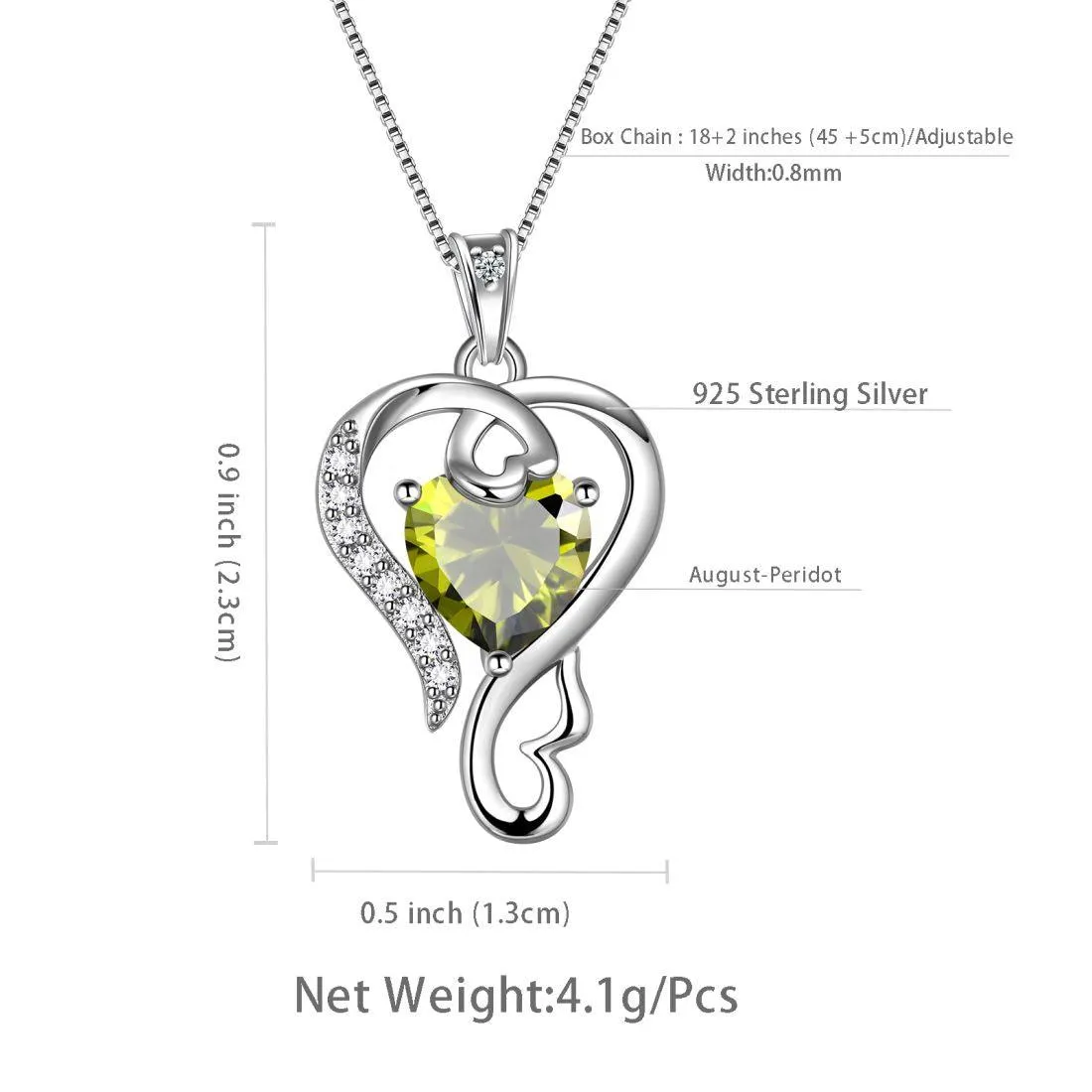 Love Heart Birthstone August Peridot Necklace Pendant Women Girls Jewelry Birthday Gift