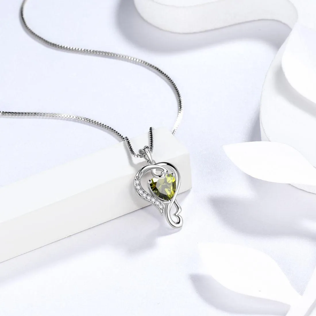 Love Heart Birthstone August Peridot Necklace Pendant Women Girls Jewelry Birthday Gift