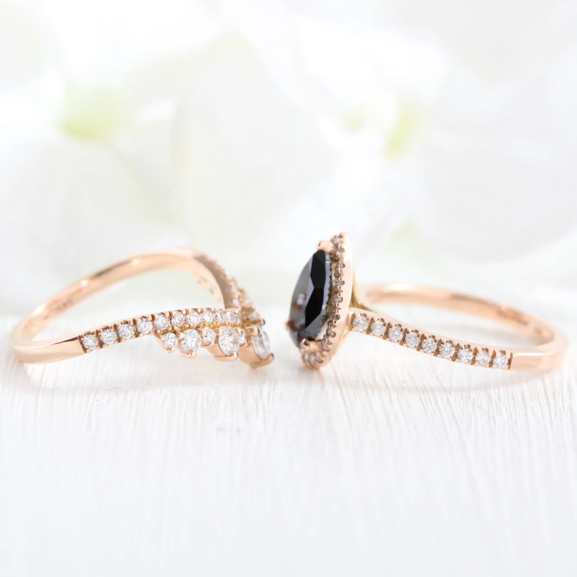 Luna Halo Pear Black Diamond Ring Set w/ V Shaped Large Tiara Diamond Wedding Band