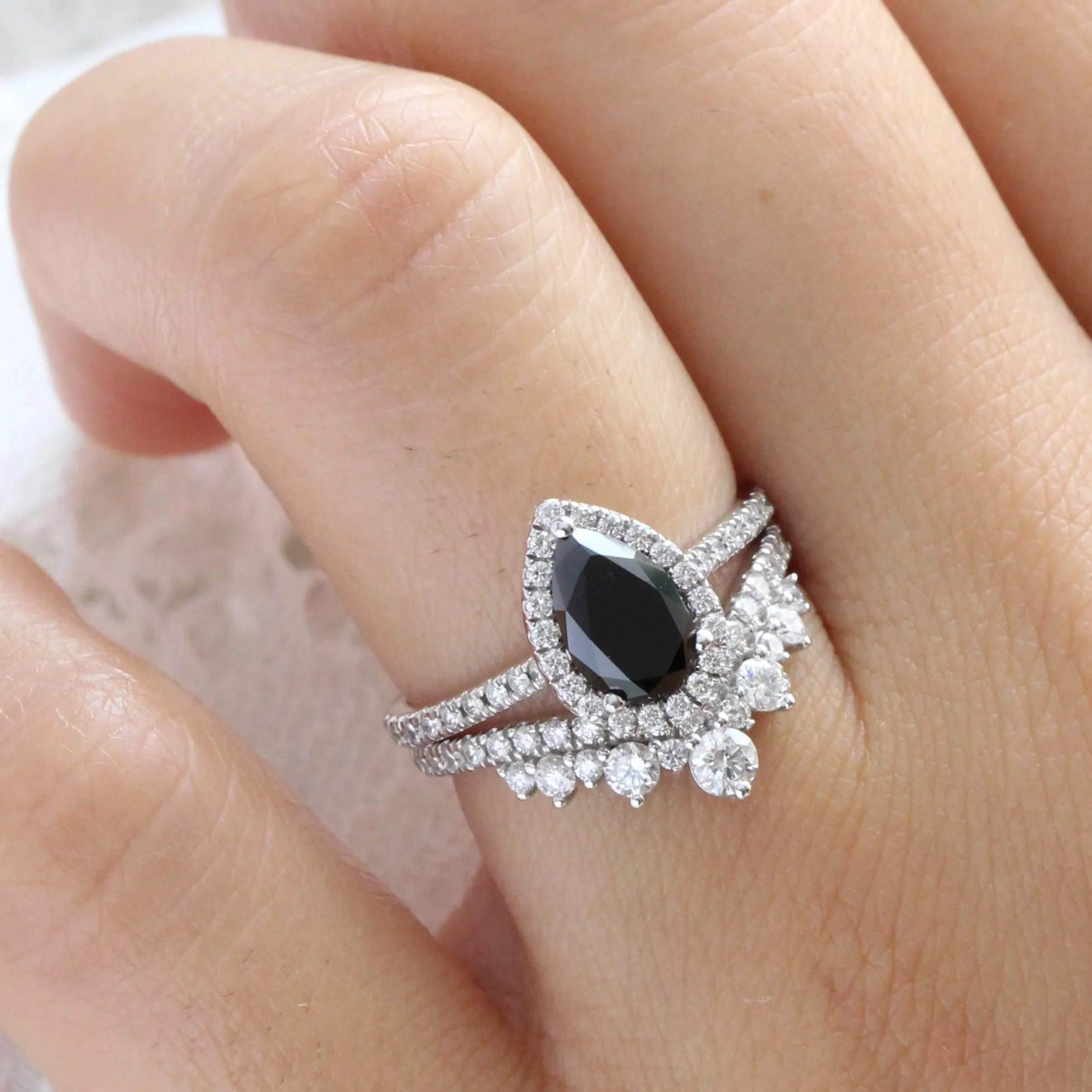 Luna Halo Pear Black Diamond Ring Set w/ V Shaped Large Tiara Diamond Wedding Band