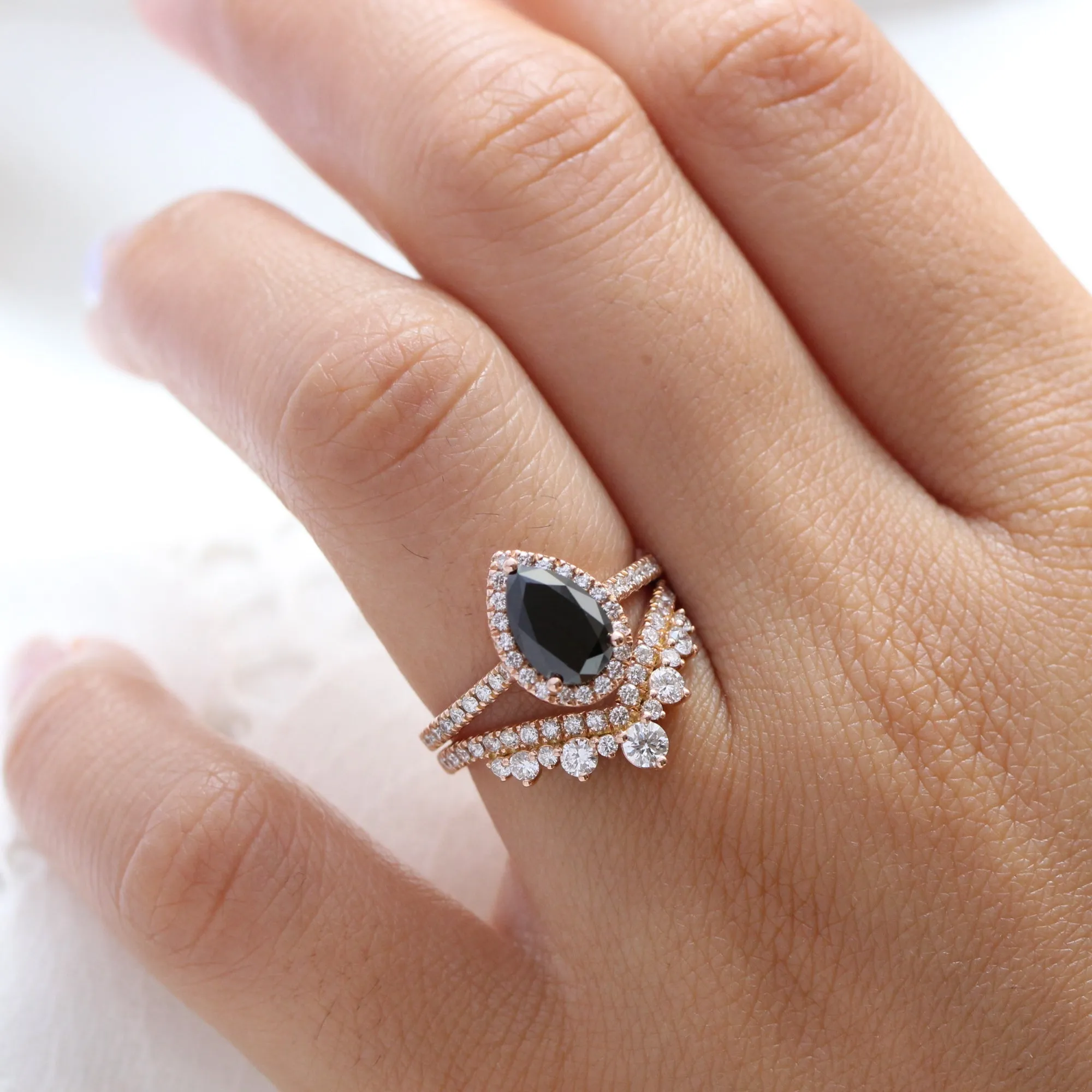 Luna Halo Pear Black Diamond Ring Set w/ V Shaped Large Tiara Diamond Wedding Band