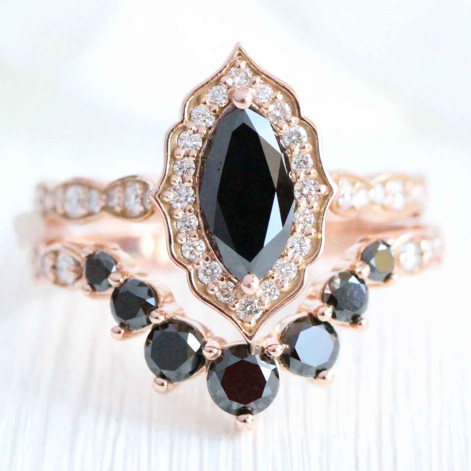 Marquise Black Diamond Ring in Vintage Floral Scalloped Band