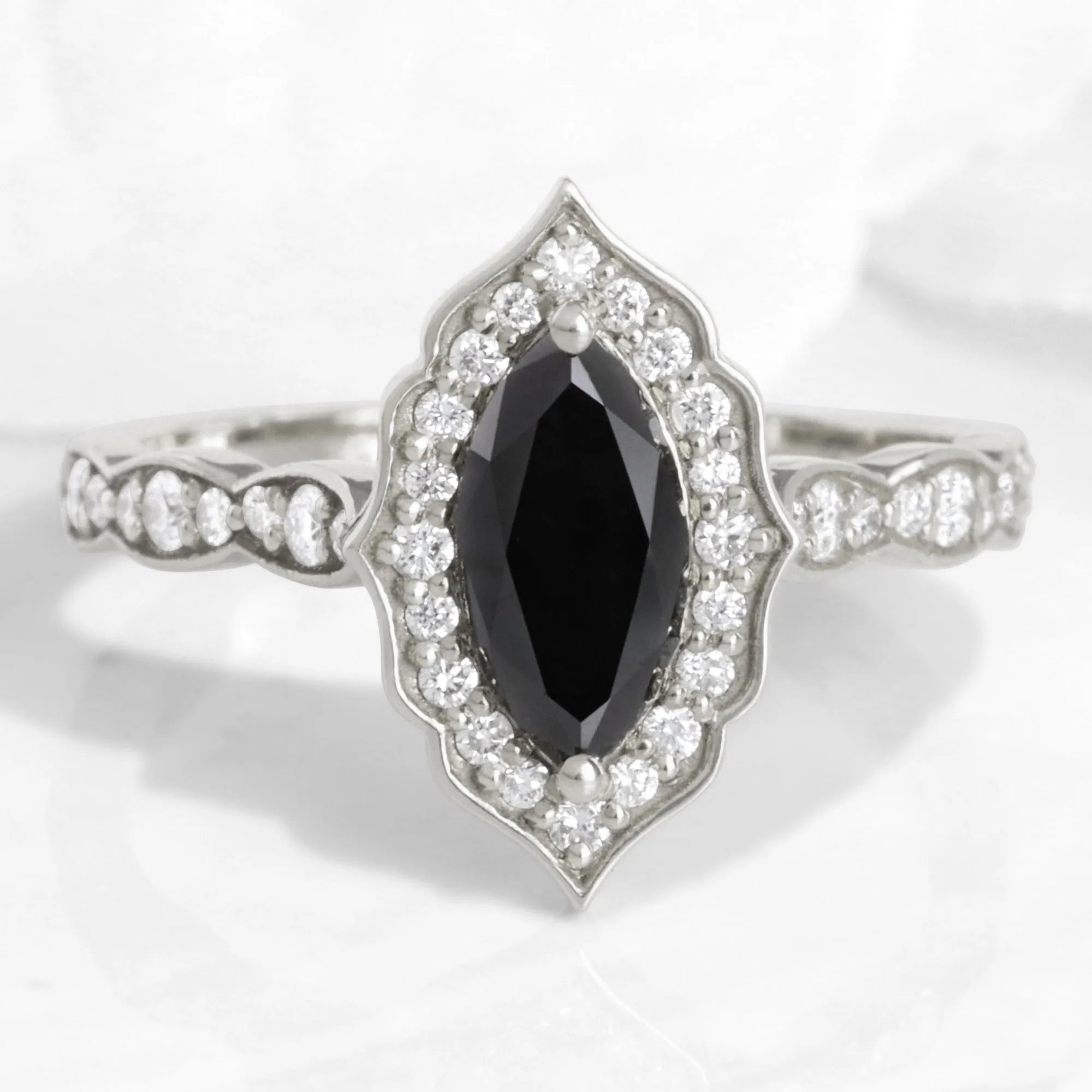 Marquise Black Diamond Ring in Vintage Floral Scalloped Band