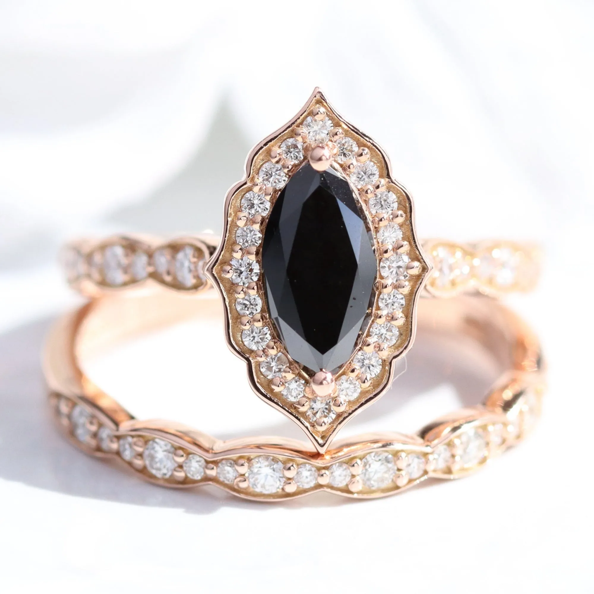 Marquise Black Diamond Ring in Vintage Floral Scalloped Band