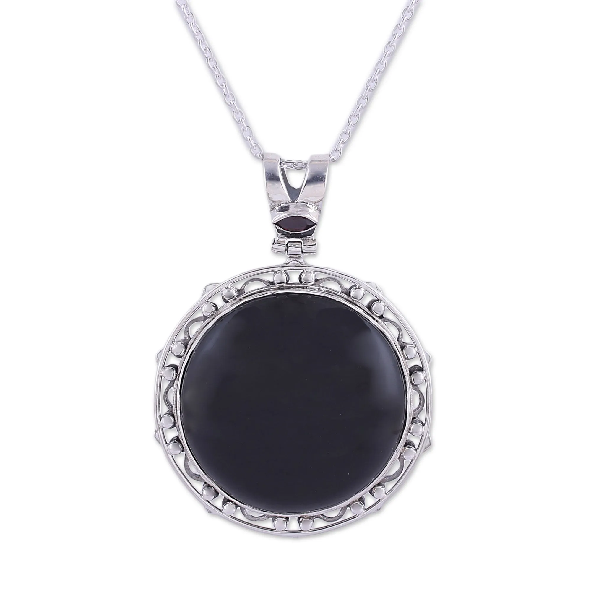 Midnight Circle Onyx and Garnet Adjustable Pendant Necklace from India