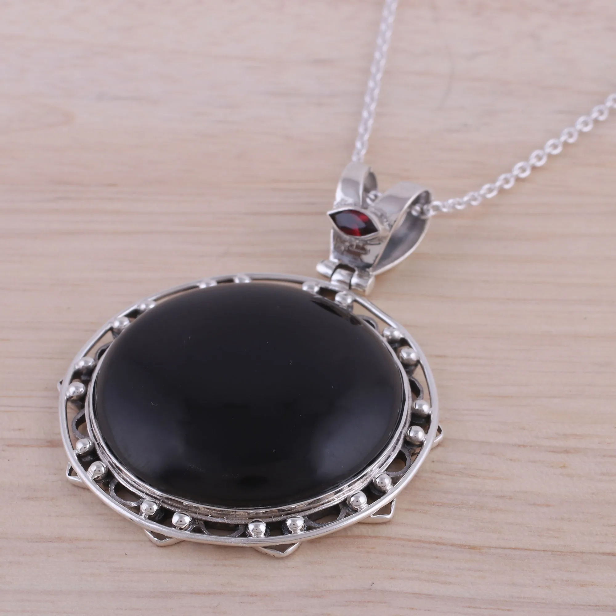 Midnight Circle Onyx and Garnet Adjustable Pendant Necklace from India