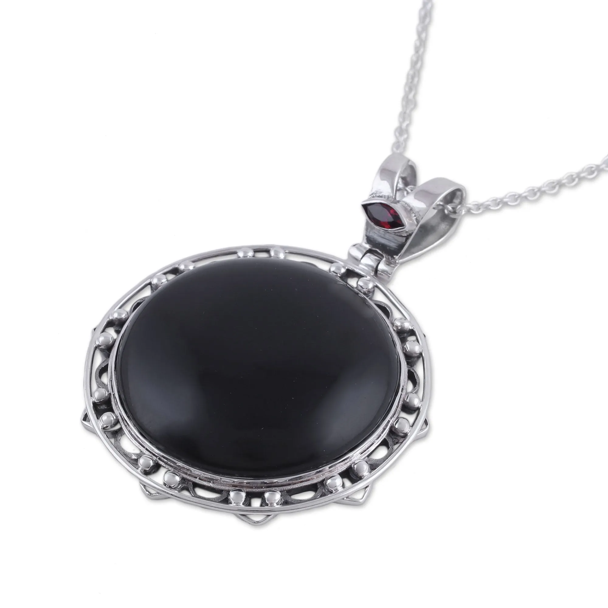 Midnight Circle Onyx and Garnet Adjustable Pendant Necklace from India