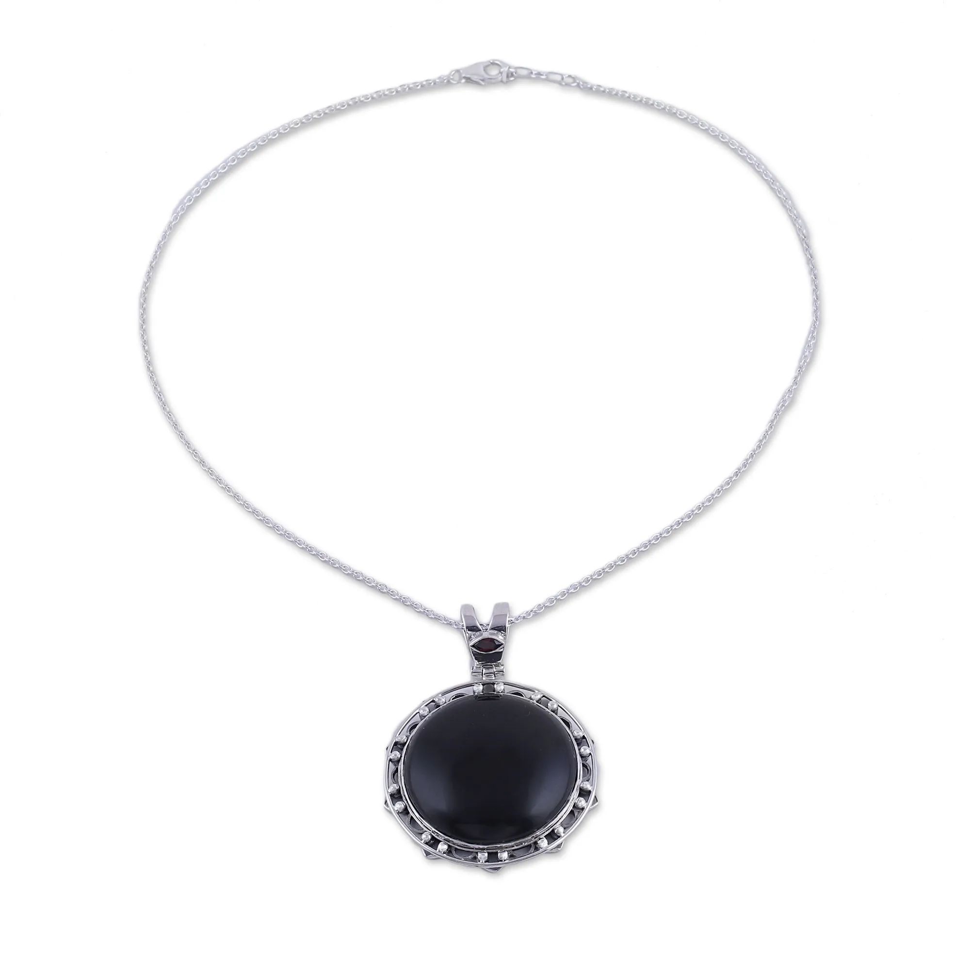 Midnight Circle Onyx and Garnet Adjustable Pendant Necklace from India