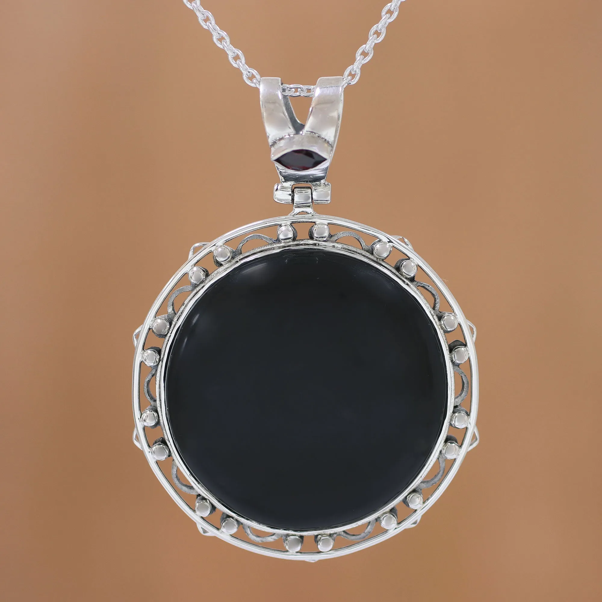 Midnight Circle Onyx and Garnet Adjustable Pendant Necklace from India