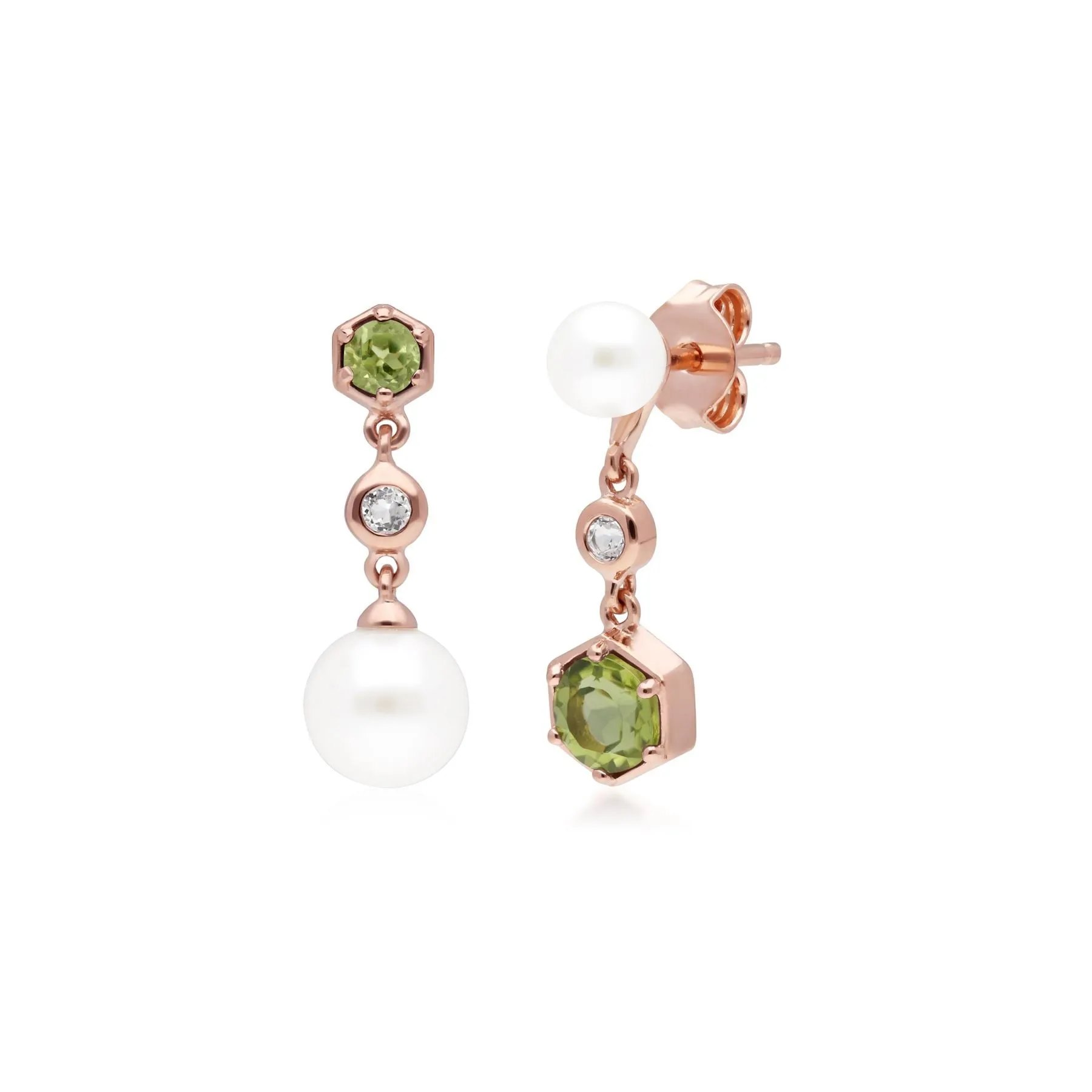 Moderne Perle, Peridot & Topas Asymmetrische Tropfen Ohrringe in Rose Vergoldetem Sterling Silber