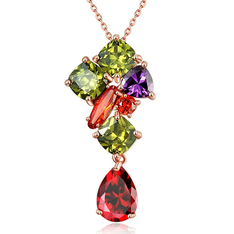 Multi-Color Peridot Garnet Amethyst Rose Gold Earrings Necklace Set