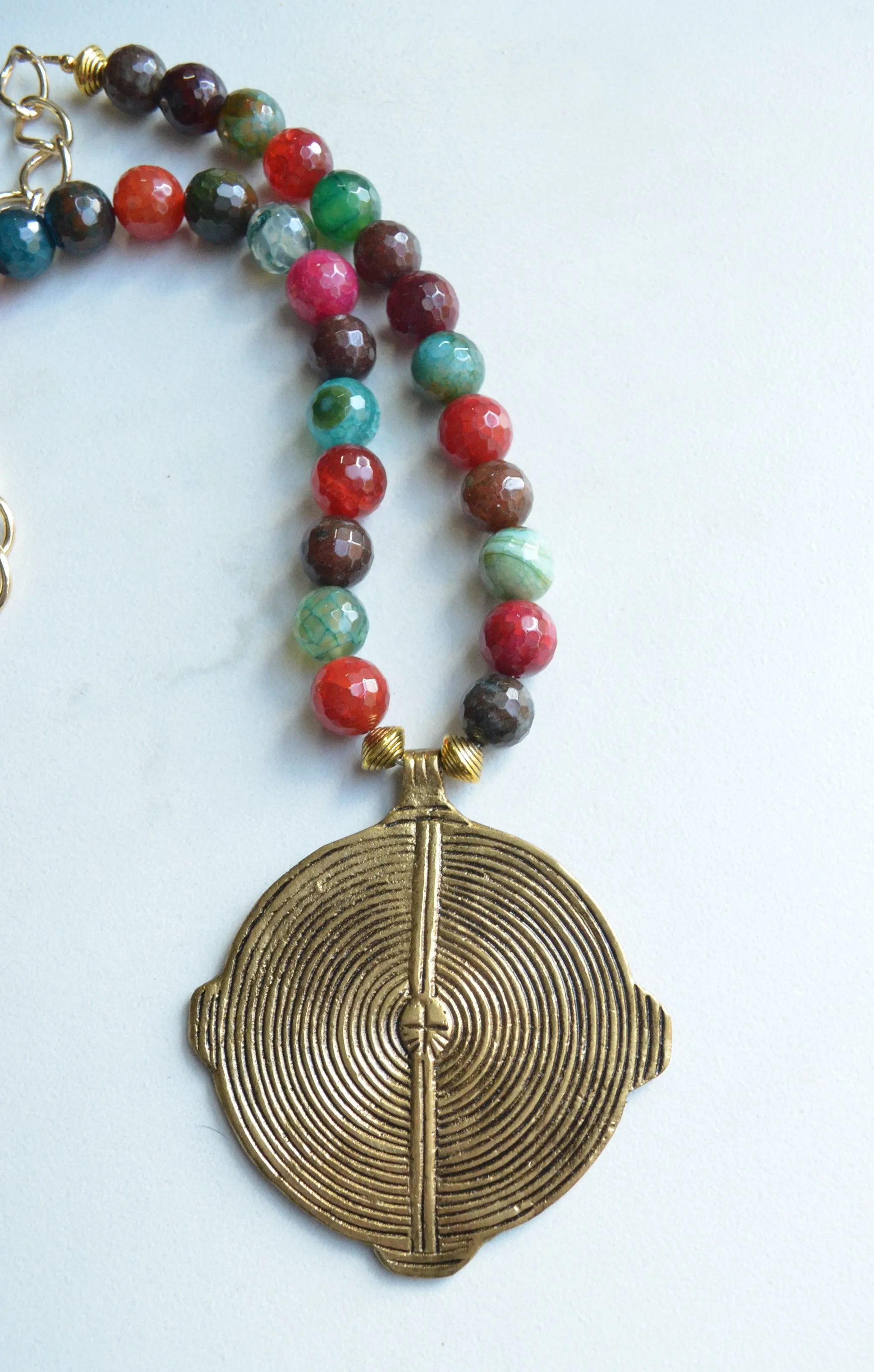 Multi Color Statement Necklace, Gold Pendant Necklace, Medallion Necklace, Long Colorful Necklace - Samantha