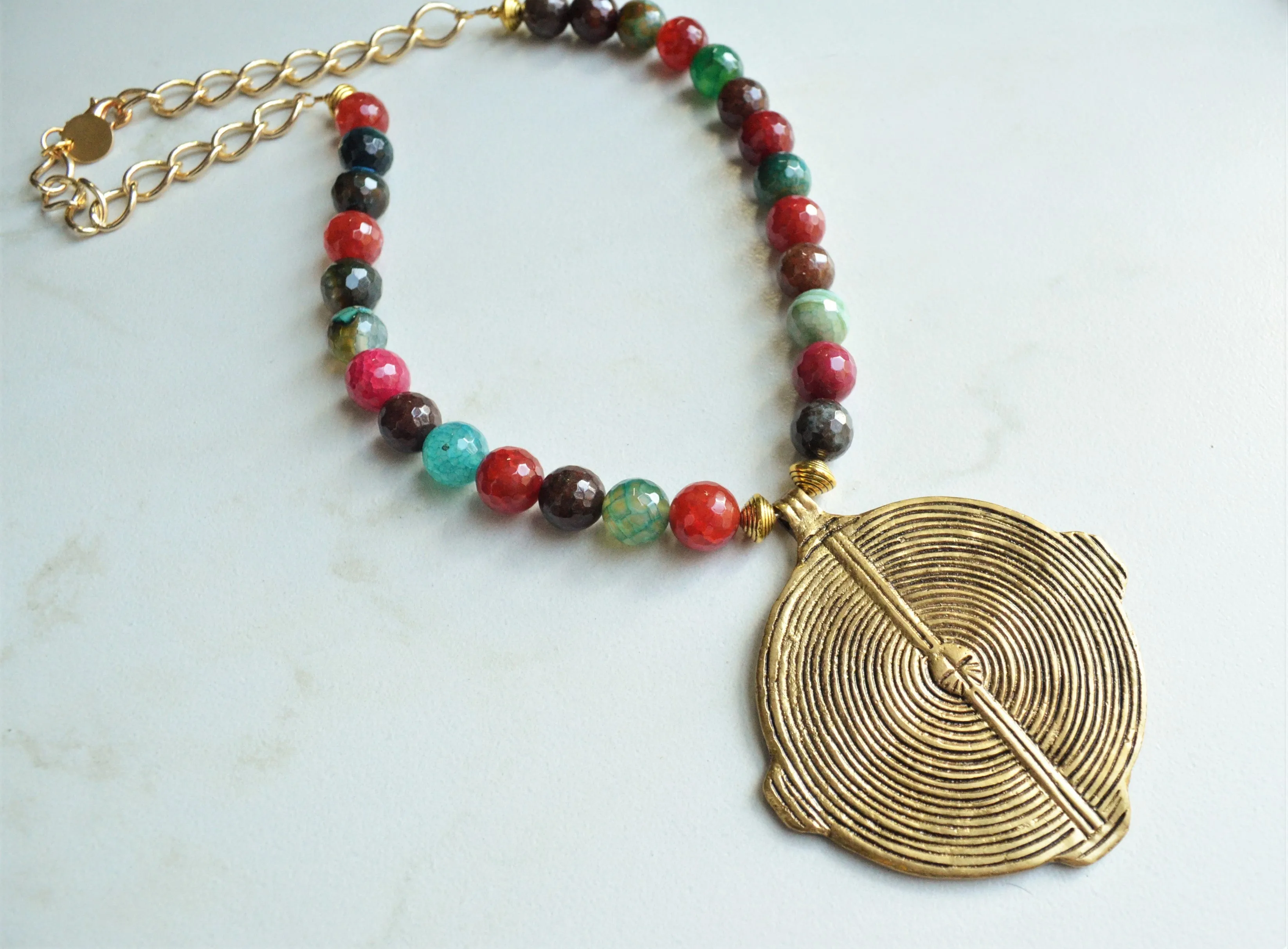 Multi Color Statement Necklace, Gold Pendant Necklace, Medallion Necklace, Long Colorful Necklace - Samantha