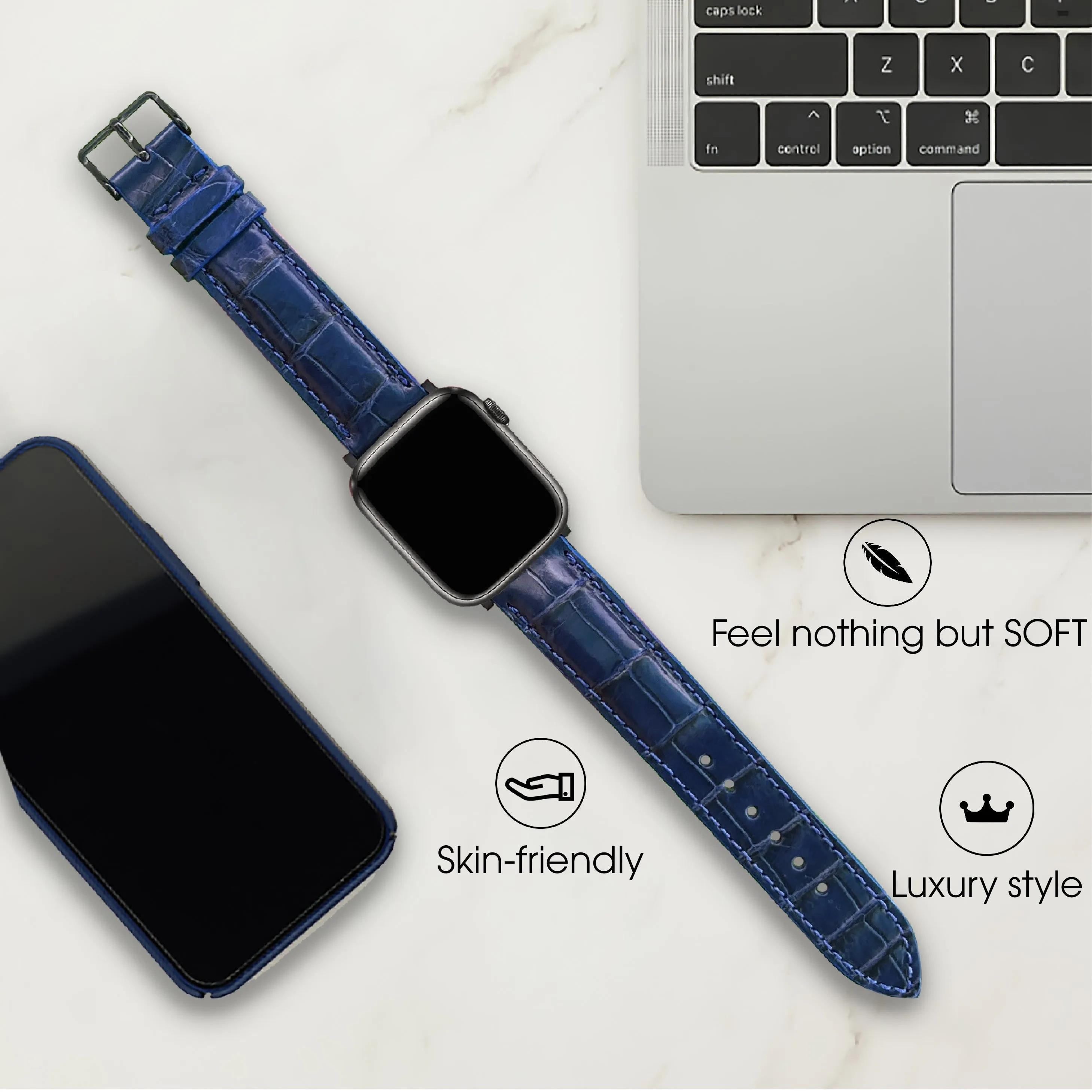 Navy Blue Alligator Leather Strap for Apple Watch Ultra Series 8 7 6 5 4 3 SE | AW-04