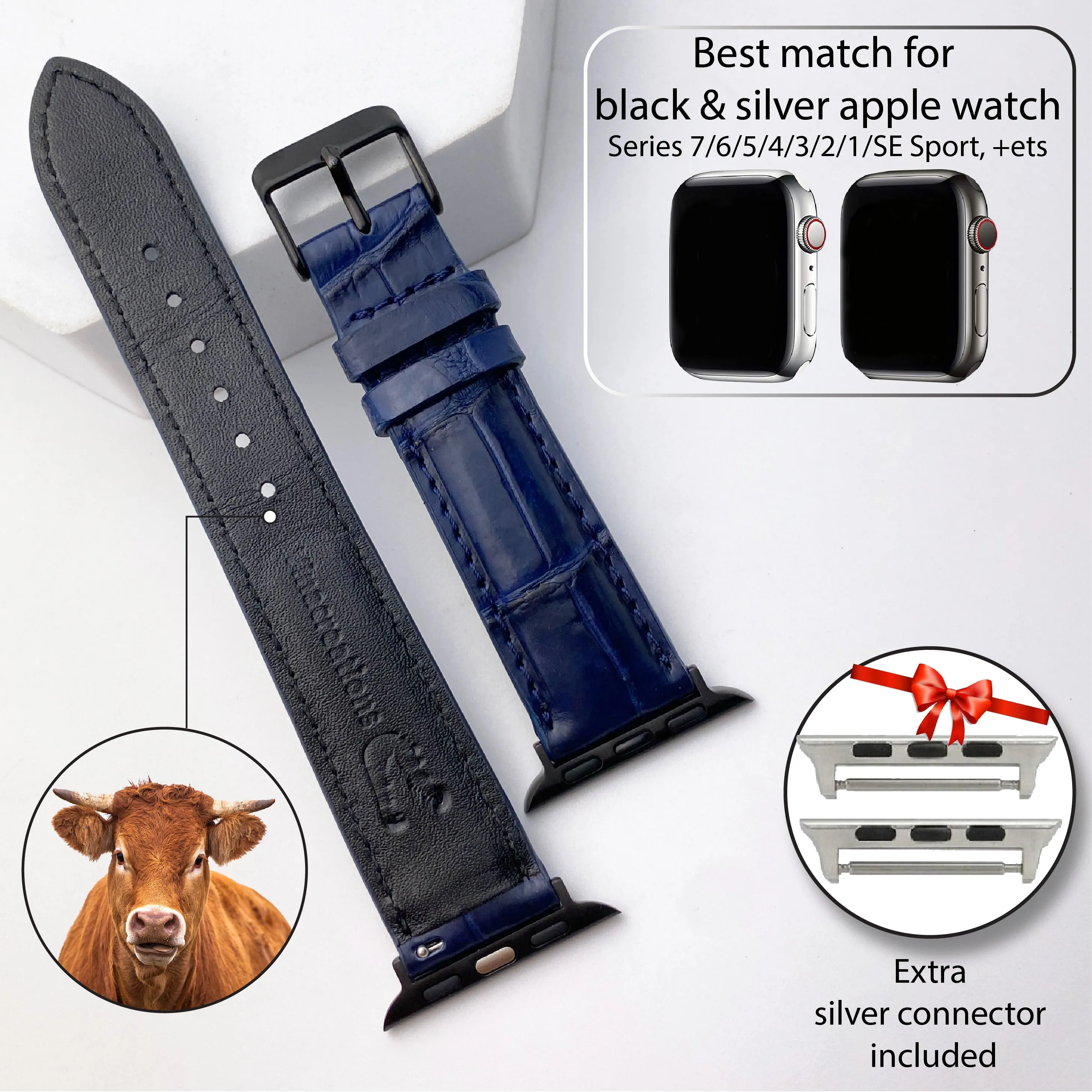 Navy Blue Alligator Leather Strap for Apple Watch Ultra Series 8 7 6 5 4 3 SE | AW-04