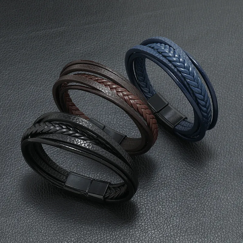 New Men's Magnetic Snap Bracelet Leather Rope Handmade Braided Bracelets European And American Retro Multi-layer Bracelet