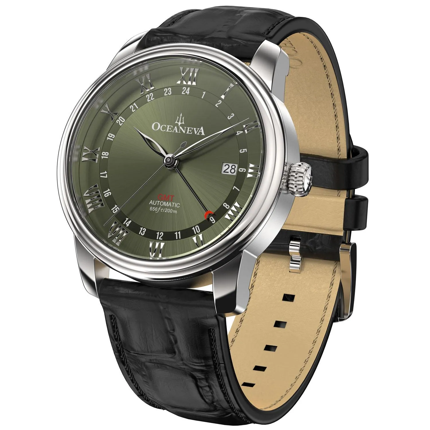 Oceaneva Men's OceanTrek GMT Automatic 200m Leather Olive Drab Watch