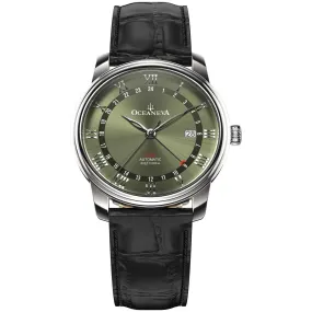 Oceaneva Men's OceanTrek GMT Automatic 200m Leather Olive Drab Watch