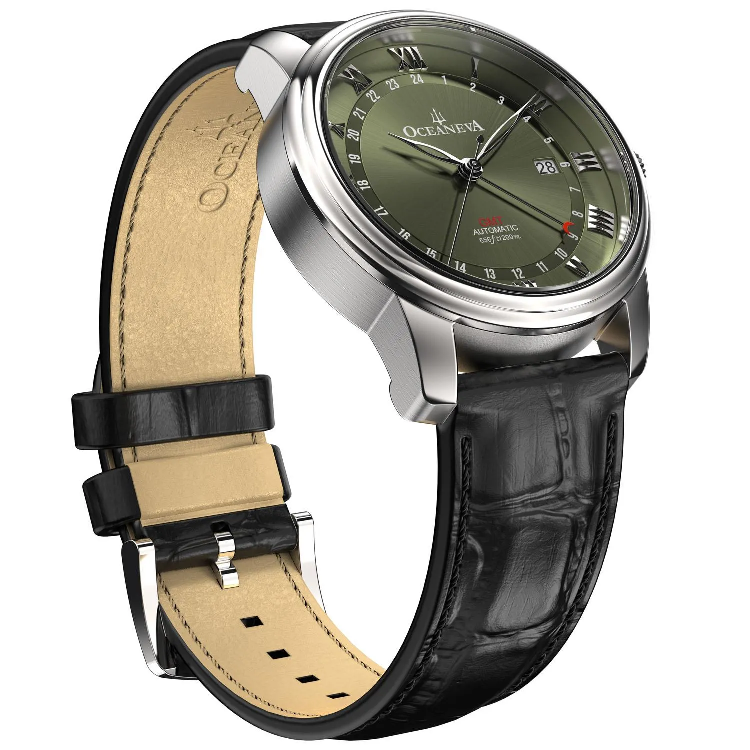 Oceaneva Men's OceanTrek GMT Automatic 200m Leather Olive Drab Watch