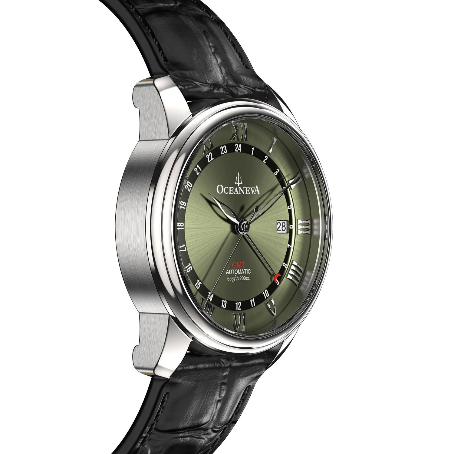 Oceaneva Men's OceanTrek GMT Automatic 200m Leather Olive Drab Watch