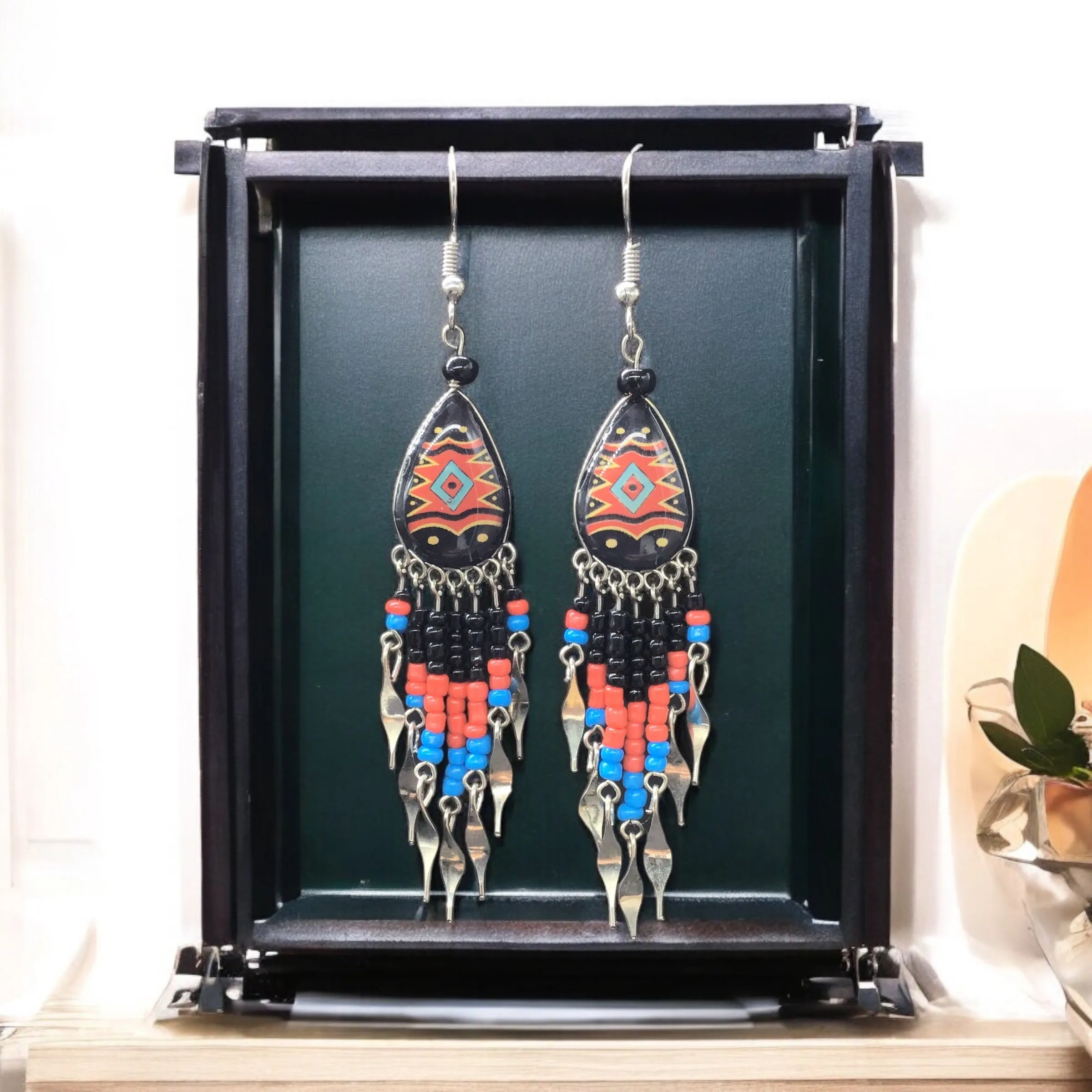 OldTribes™ Small Sized Southwestern Black and Red Teardrop Earrings