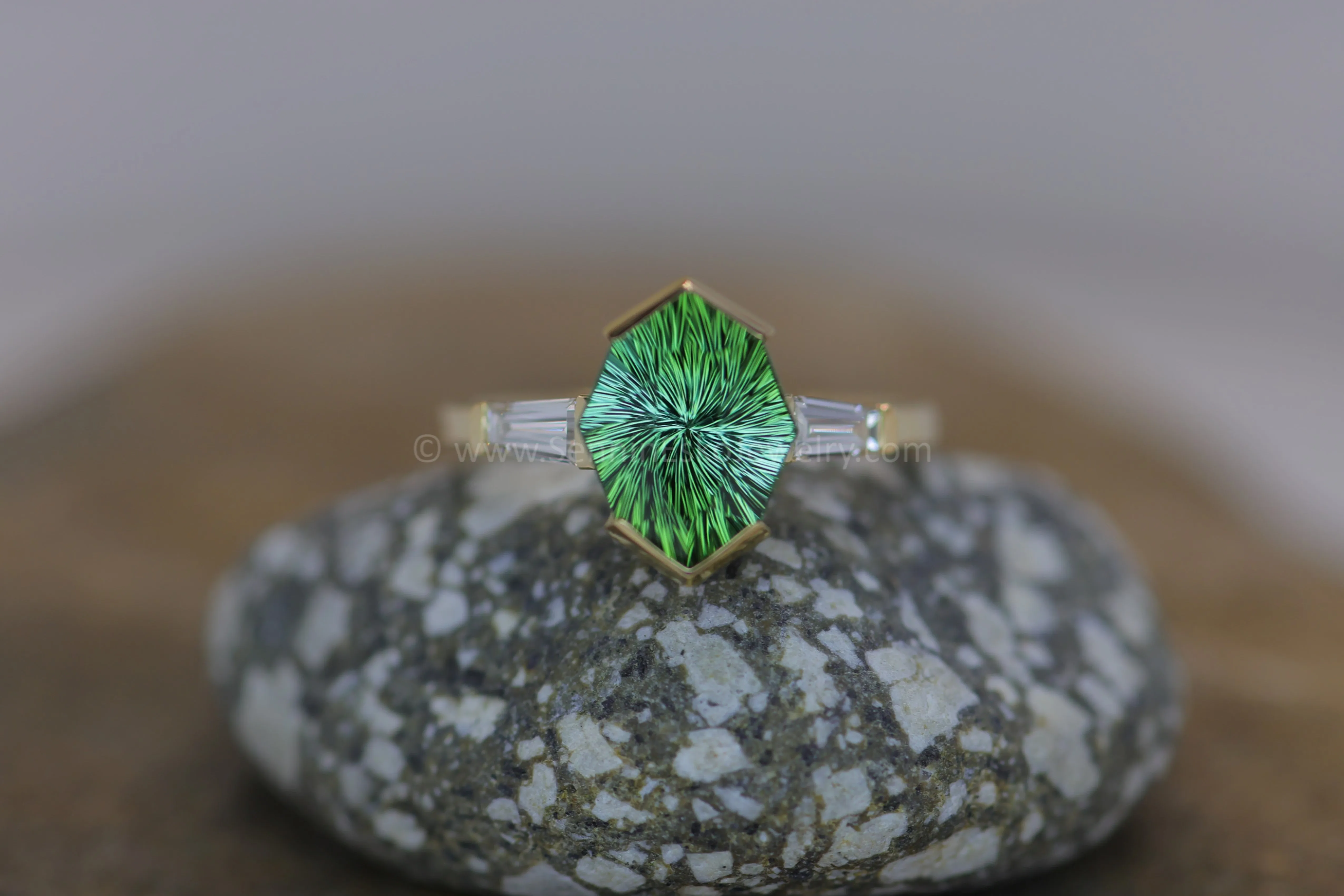 Open Channel Set Ring with Tapered Diamond Baguettes in 14kt Yellow Gold - Depicted with a 2.6 Carat Mint Tourmaline (Setting Only, Center Stone Sold Separately)