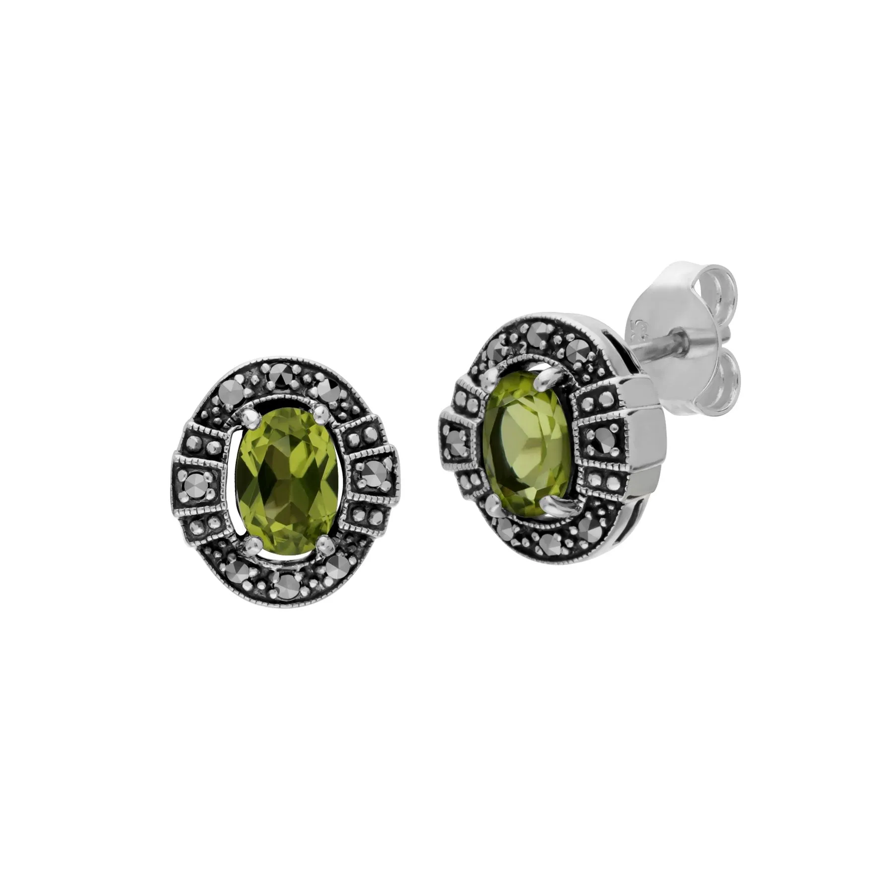 Oval Peridot und Markasit Cluster Ohrstecker in Sterling Silber