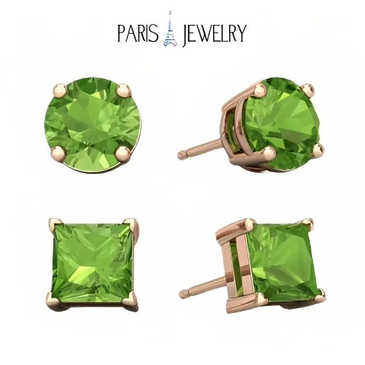 Paris Jewelry 18k Rose Gold 2 Pair Created Peridot 6mm Round & Princess Cut Stud Earrings Plated