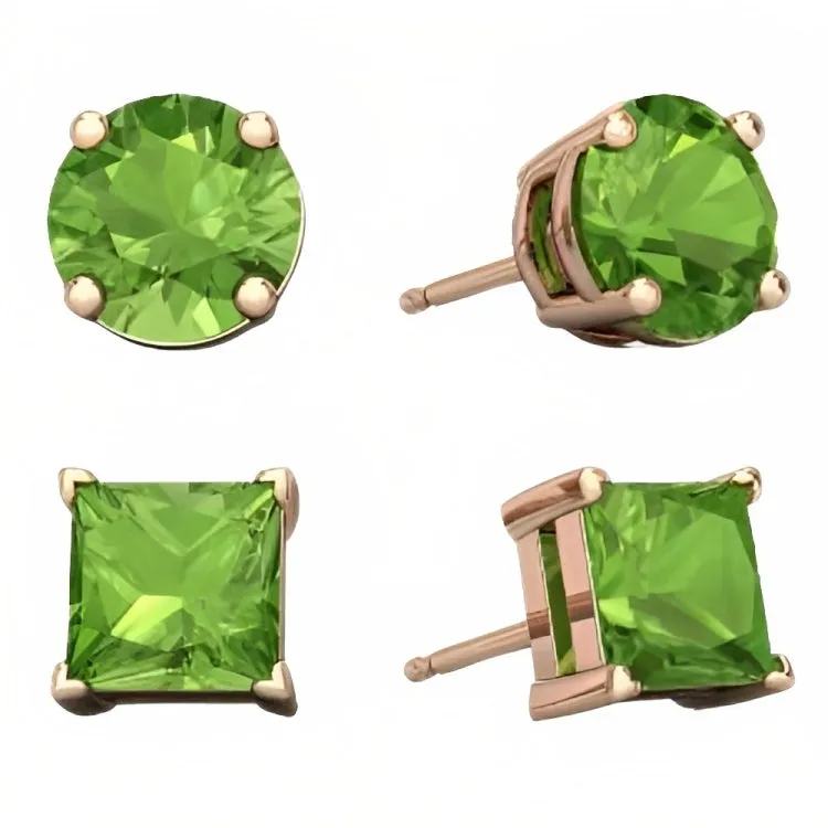 Paris Jewelry 18k Rose Gold 2 Pair Created Peridot 6mm Round & Princess Cut Stud Earrings Plated