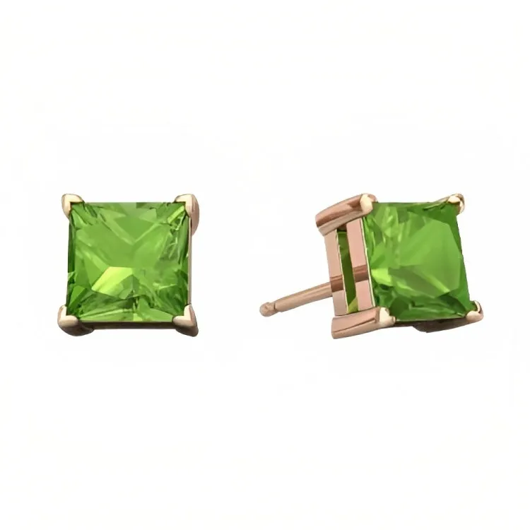 Paris Jewelry 18k Rose Gold 2 Pair Created Peridot 6mm Round & Princess Cut Stud Earrings Plated