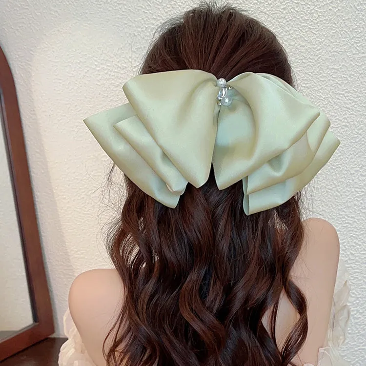 Pearl Satin Big Bow Headdress Spring Clip High-Quality Clip Black Hairpin Hair Accessories