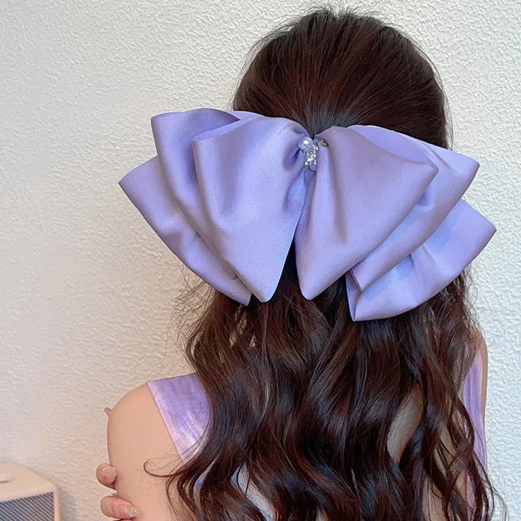 Pearl Satin Big Bow Headdress Spring Clip High-Quality Clip Black Hairpin Hair Accessories