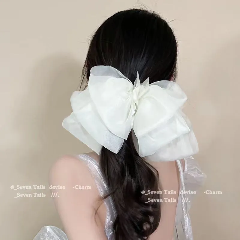 Pearl Satin Big Bow Headdress Spring Clip High-Quality Clip Black Hairpin Hair Accessories