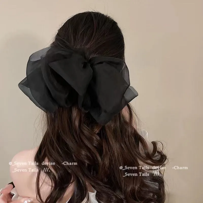 Pearl Satin Big Bow Headdress Spring Clip High-Quality Clip Black Hairpin Hair Accessories