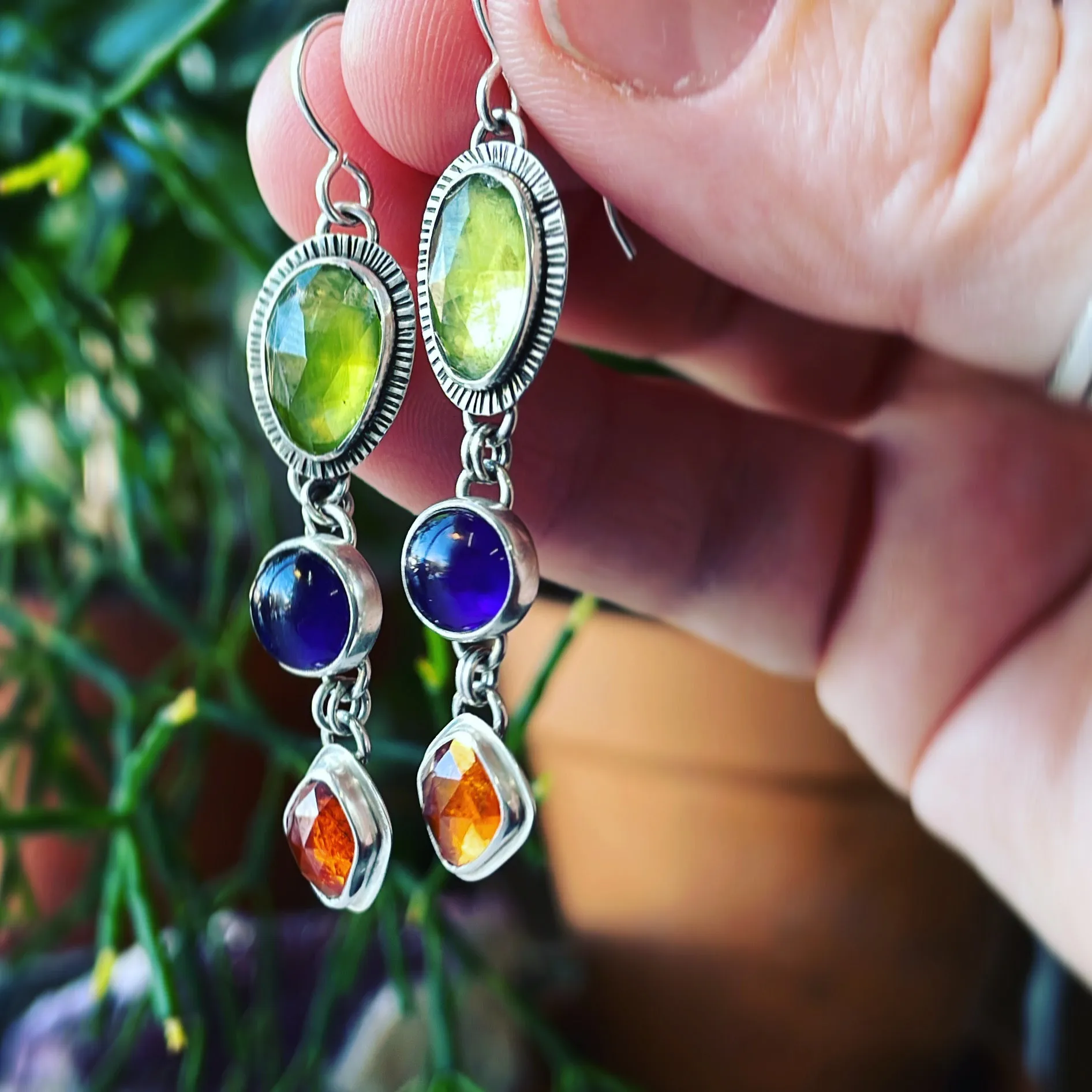 Peridot, Amethyst, Spessartite Garnet and Sterling Silver Earrings