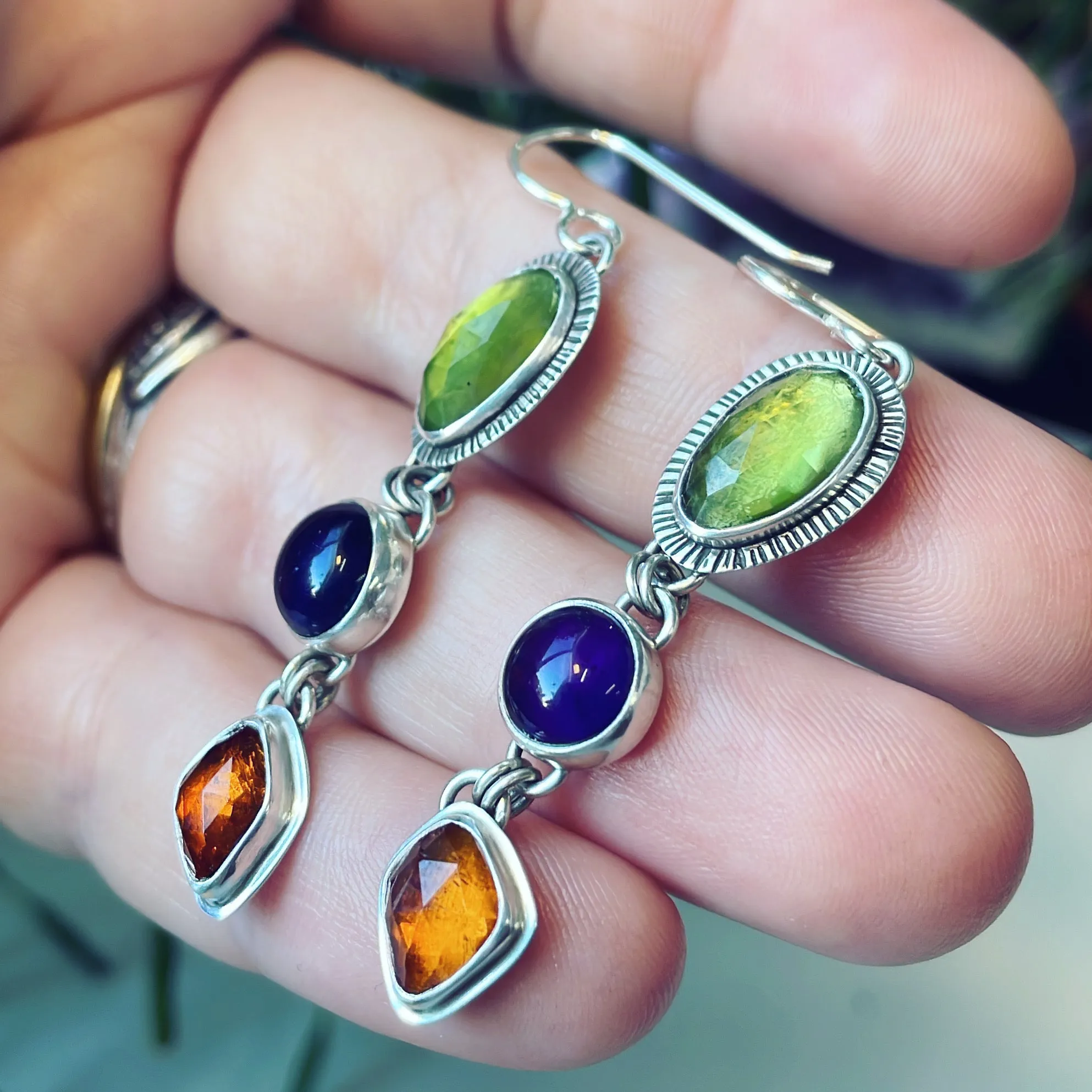 Peridot, Amethyst, Spessartite Garnet and Sterling Silver Earrings