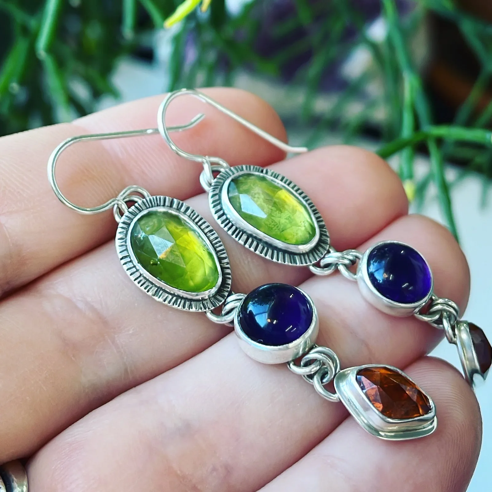 Peridot, Amethyst, Spessartite Garnet and Sterling Silver Earrings